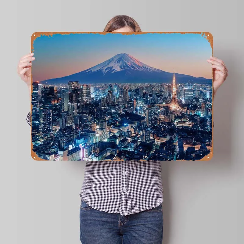 Tokyo Sunset City Skyline Metal Poster Outdoor Decors Retro Metal Sign Tinplate Sign for Wall Art Decoration House Decor