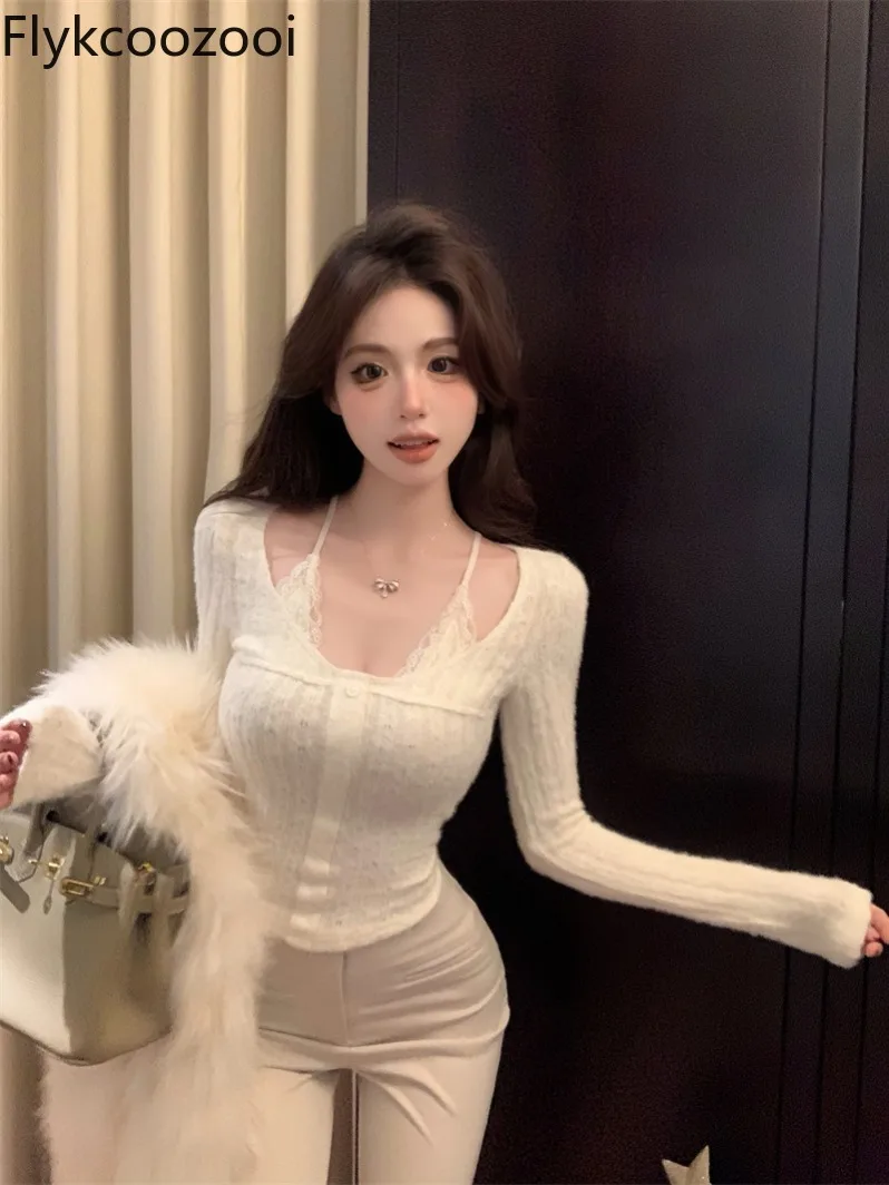 White V-neck Lace Knit Women's Spring and Autumn Slim-fit Inside Base Shirt Blusa Cashemere Feminina High Strecth Sueter Mujer