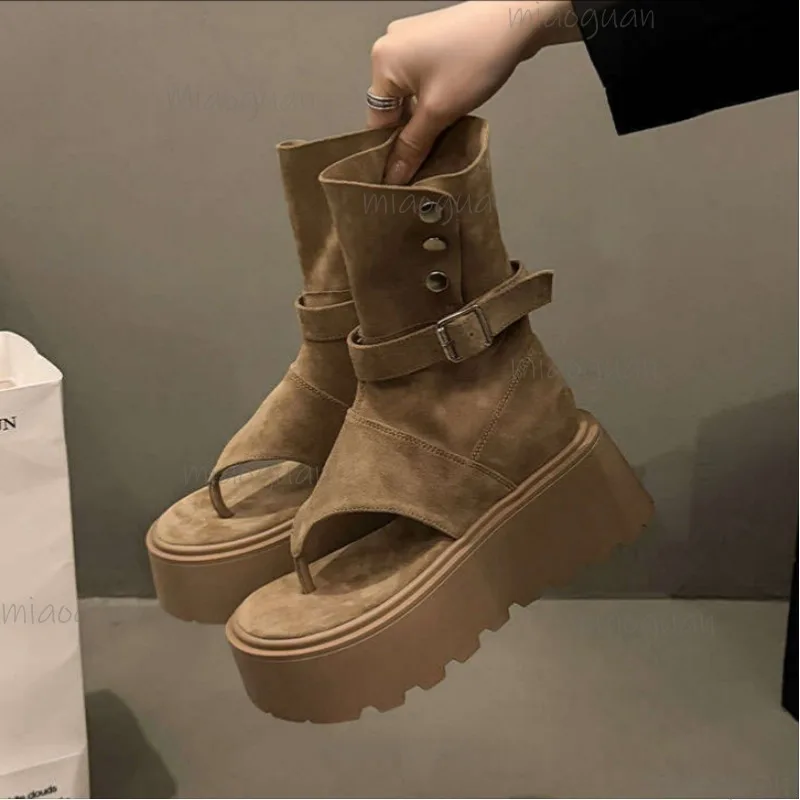 Botas Plataforma Femininas Cáqui/Preto da Moda 2026: Nova Tendência de Verão, Botas Romanas Curtas que Aumentam a Altura, Tamanhos 35-40