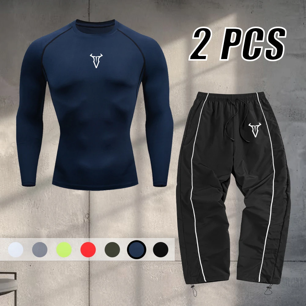 Conjunto Deportivo Casual de 2 Piezas para Hombre, de Secado Rápido, con Camiseta de Manga Larga y Pantalones, Estampado Simple de Cabeza de Toro, para Fitness y Running Diario