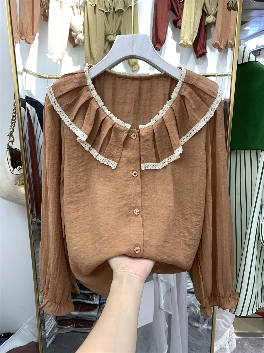 Peter Pan Collar Shirts Women Elegant Sweet Design Vintage French Fashion Camisas Loose Gentle Autumn Ruffles Pretty Personality