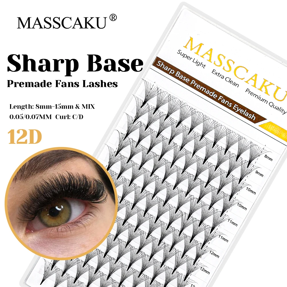 

New Style MASSCAKU Waterproof 14/16D Narrow Root Thin Stem Eyelash Handmade Sharp Base Premade Fans Eyelashes for Beauty Salon