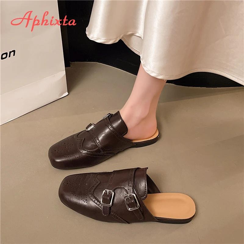 Aphixta 2026 NEW Women's Mules Metal Buckle Decoration Fringe Women Shoes Slippers for Woman Sales on Shoes Brand Sandals Luxury