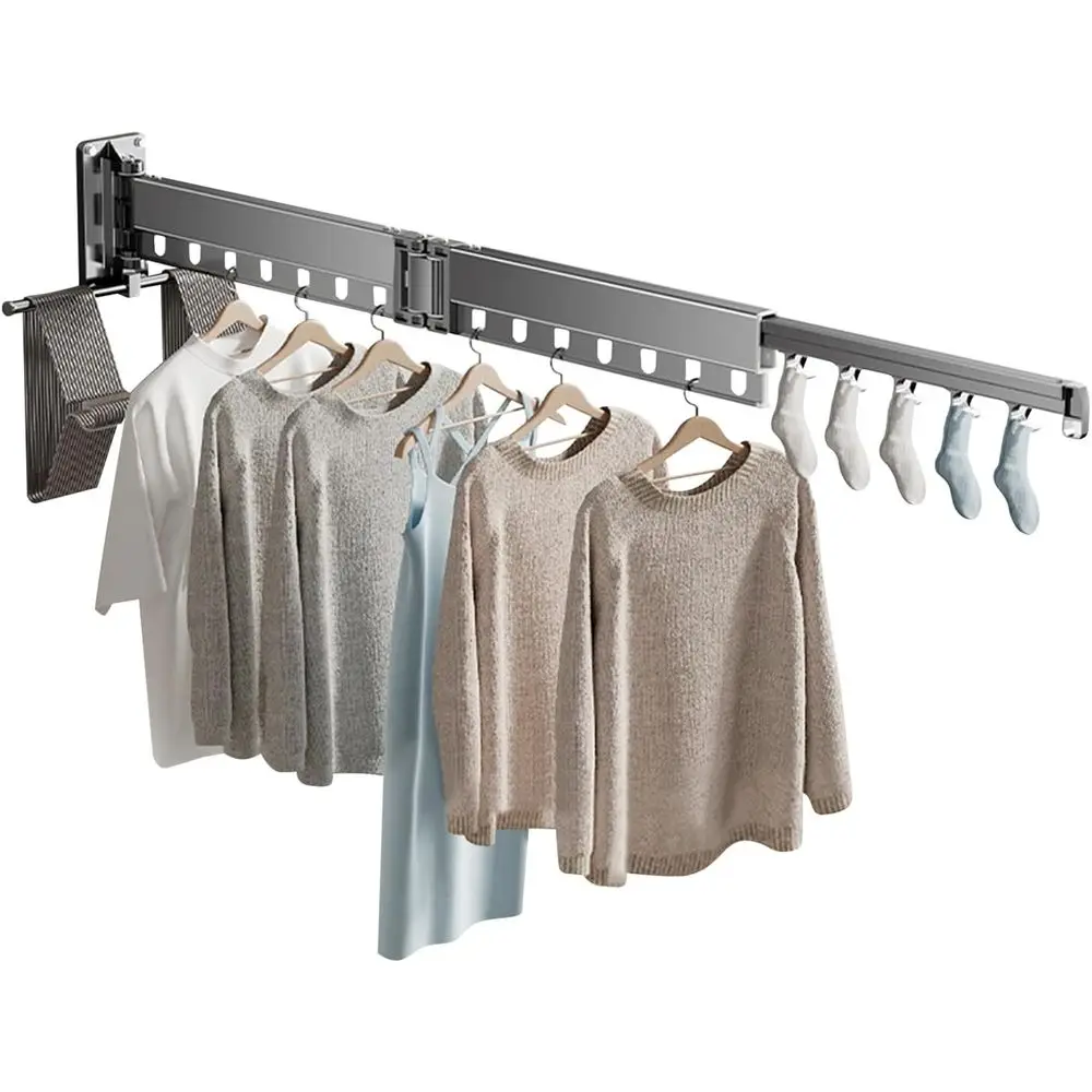 

Indoor Retractable Wall-Mounted Clothes Drying Rack with Hanging Holes for Space-Saving Balcony, Bathroom, and Bedroom