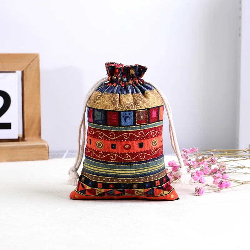 Colorful Cotton Drawstring Bags, Party Supplies, Folk Style Package, Hot-Stamping Gift Bags, Shop Packing, Home Storage, 10Pcs