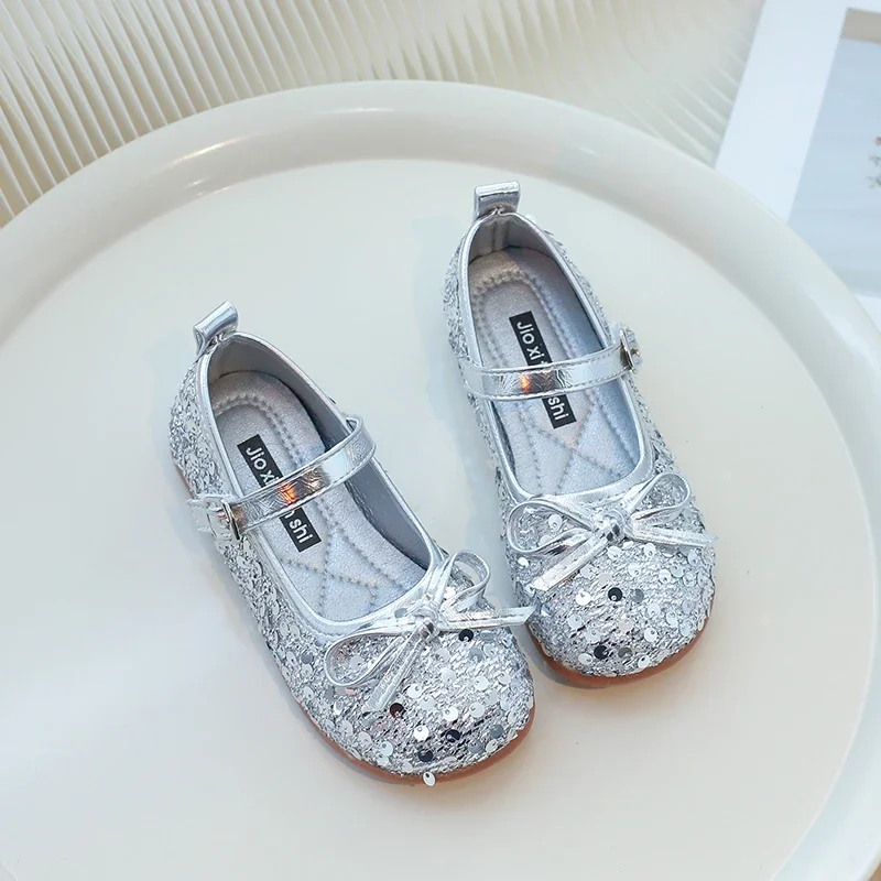 

New Kids Luxury Shoes Sequins Causal Girl Leather Shoe Round-toe Fashion Children's Princess Ballet Flat Shoes Shallow Versatile