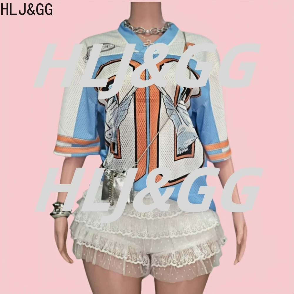 

HLJ&GG Y2K Graphic Print Basketaball Tshirts Two Piece Sets Women V Neck Short Sleeve Loose Top And Ruffle Mini Skirts Outfits