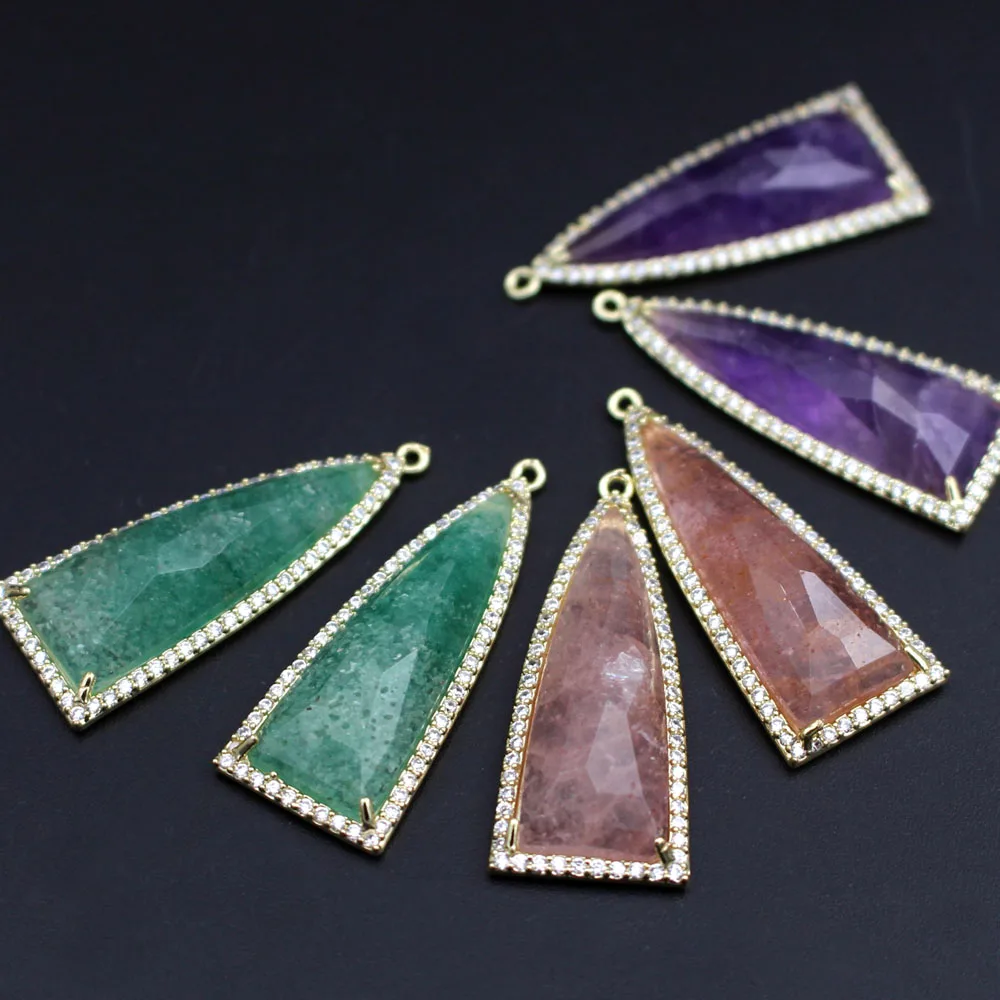 6pcs Gold Plated CZ Zirconia Faceted Triangle Geometric Natural Stone Pendants Green Amethyst Quartz Pendant Charms Jewelry