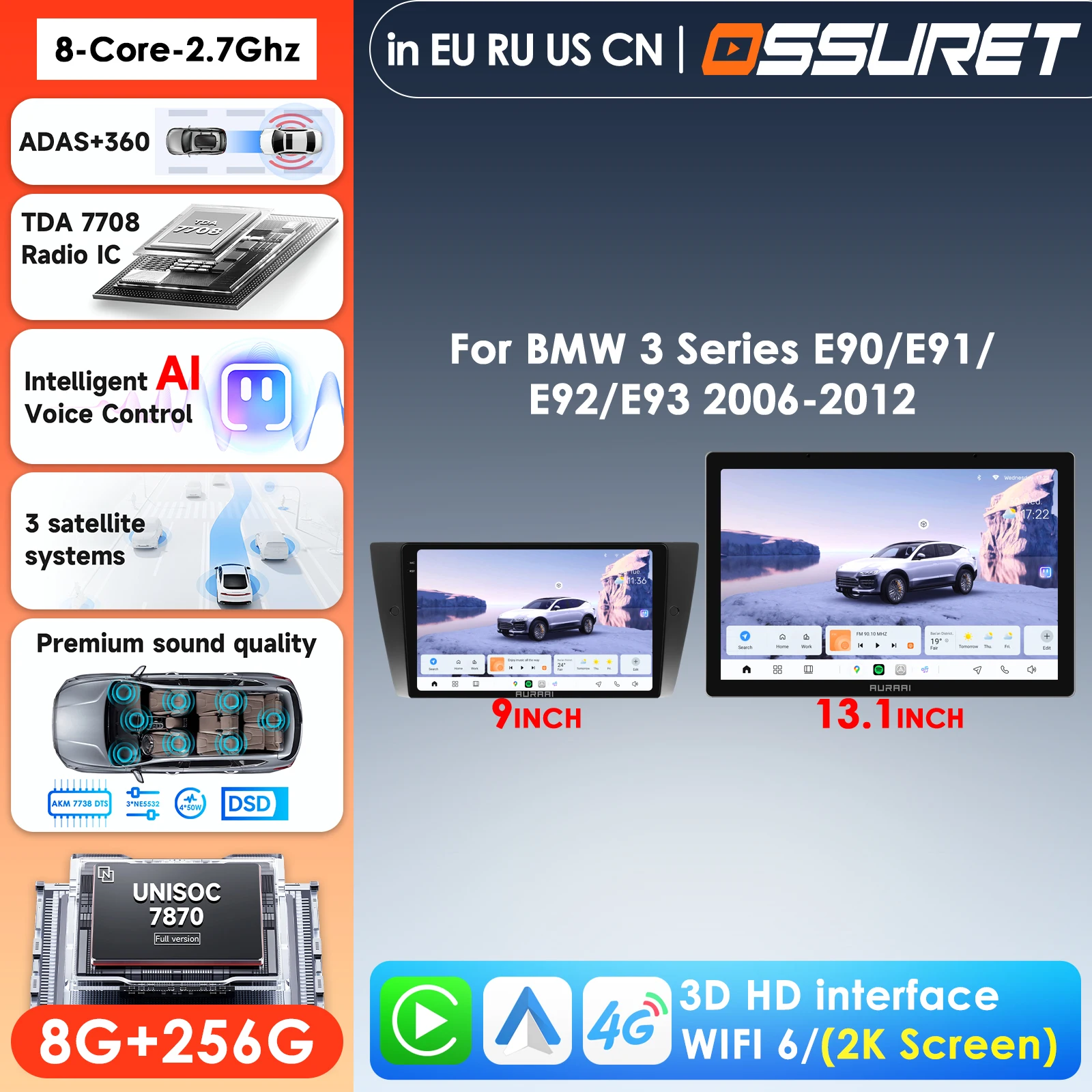 AURA AI X100 Intelligent Al Car Infotainment System Multimedia Player for BMW 3 E90 E91 E92 E93 2006-2012 CarplayGPS BT 4G ADAS