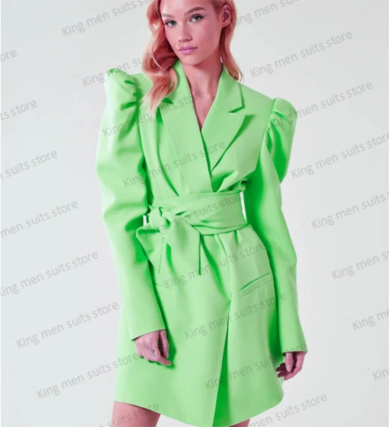 Vestido de terno verde feminino com cinto, jaqueta longa, blazer personalizado, cor brilhante, vestido formal de baile de formatura, casaco de designer, 1 pc