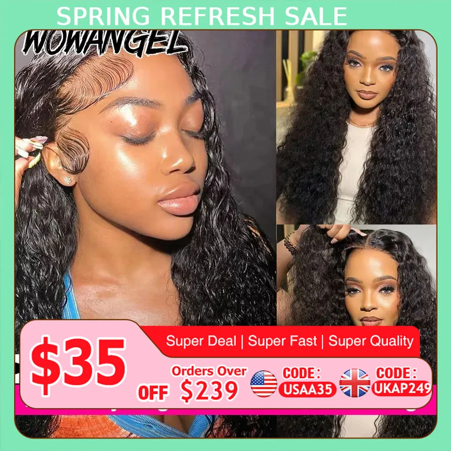 WOWANGEL Curly Wigs 250% 13x6 HD Lace Front Wigs 34in Water Wave Glueless Human Hair Wigs Pre Plucked Remy Brazilian Hair