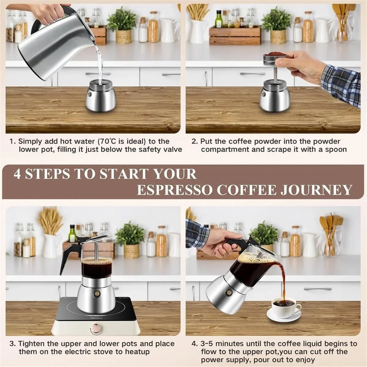 Moka Pot Stovetop Espresso Maker, 300ml Glass-Top Stainless Steel Brewer Borosilicate Glass Top,for Rich Italian Coffee