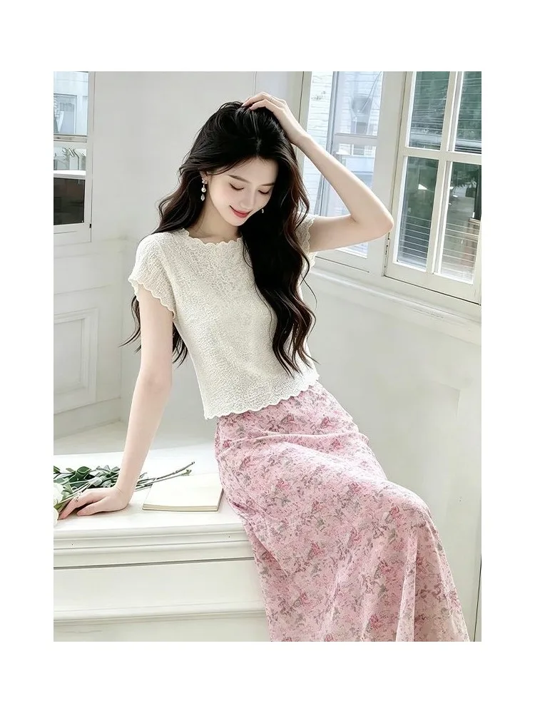 Summer Floral Texture High Waist Short Sleeve Two-Piece Set Gentle Wind Pure Color Fish Tail Skirt Simple Daily Korean Style