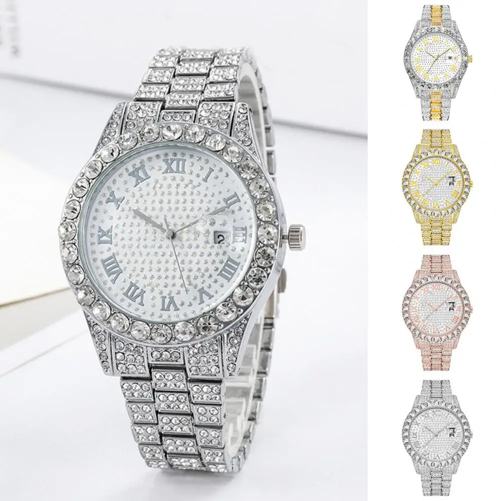 Women Watch Shiny Rhinestone Inlaid Stainless Round Dial Quartz Movement Color Matching Decorative Lady Wristwatch Jewelry