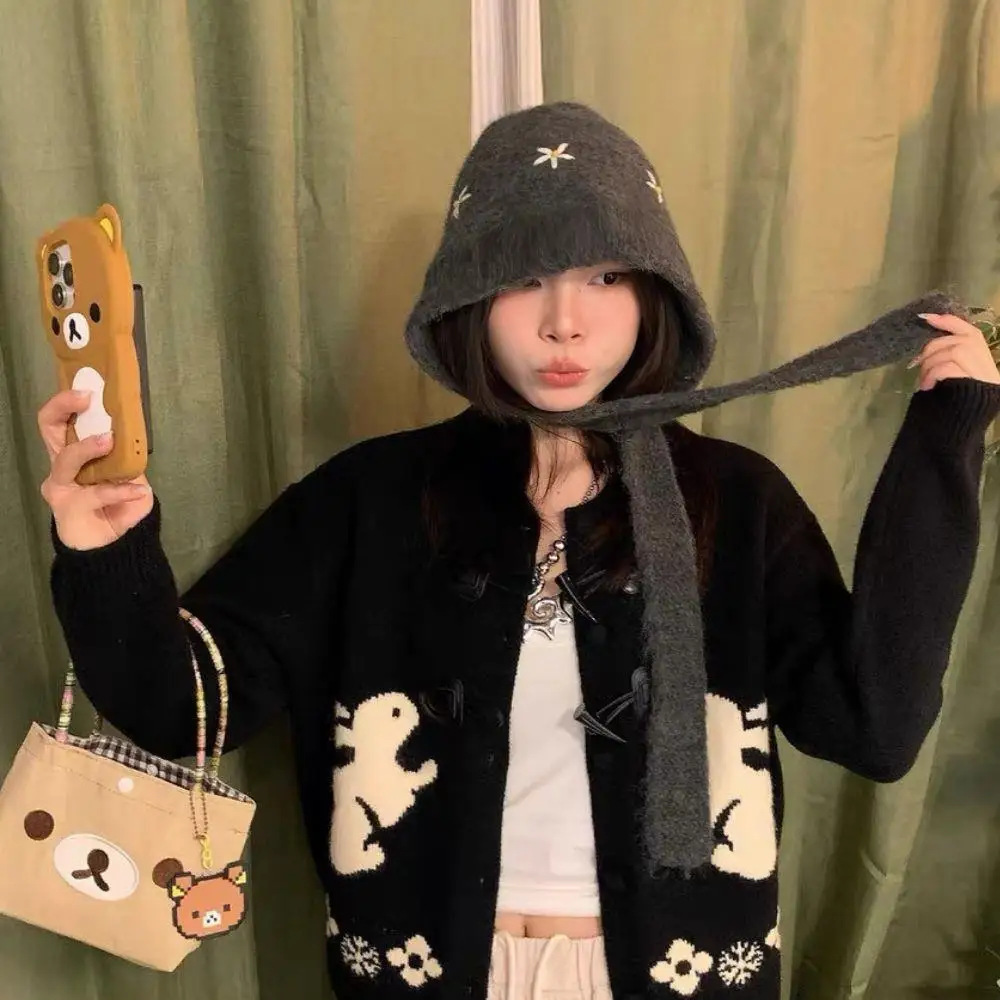 لطيف الحلو محبوك بالاكلافا قبعة الشتاء المطرزة زهرة قبعة قبعة للنساء سترة أنيقة على الموضة قبعة في الهواء الطلق الدانتيل متابعة مقنعين قبعات