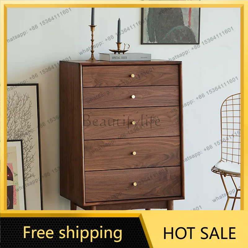 Factory Direct Sales cherry wood Nordic black walnut solid wood five-drawer cabinet light luxury side cabinet