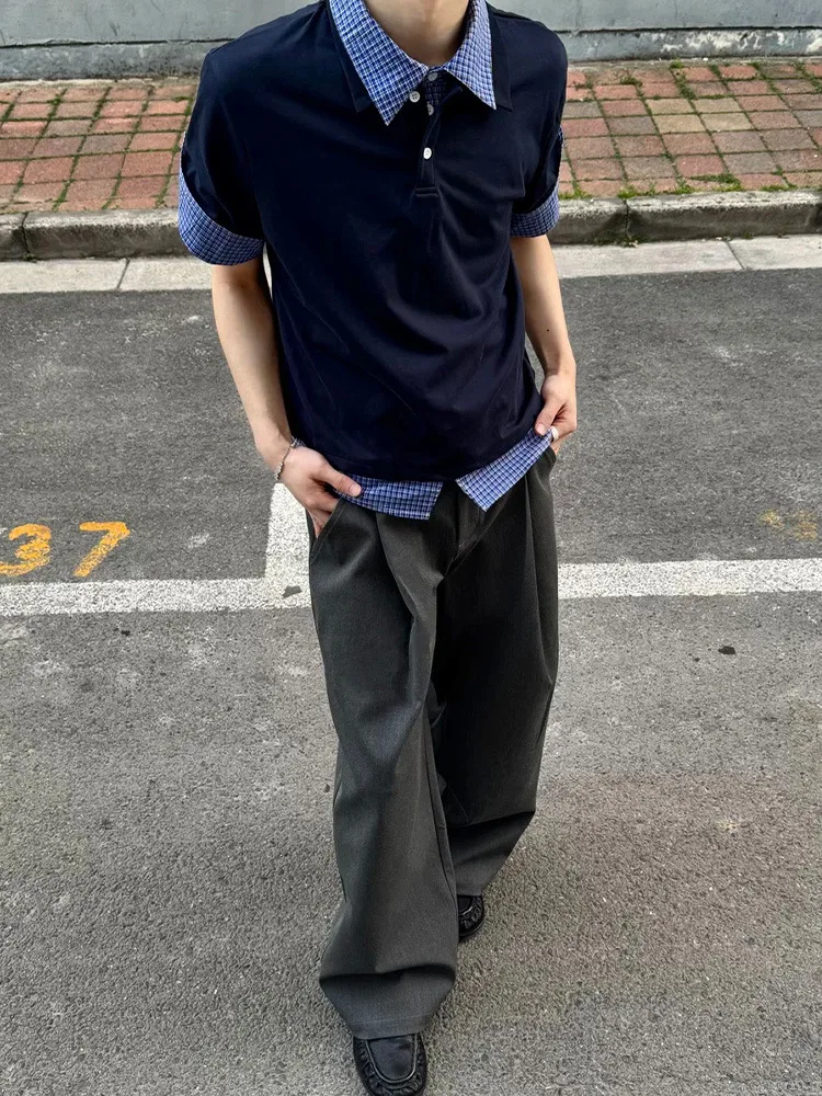 Off Campus Same Style Campus Style Short Sleeves Fake two piece patchwork grid polo collar short