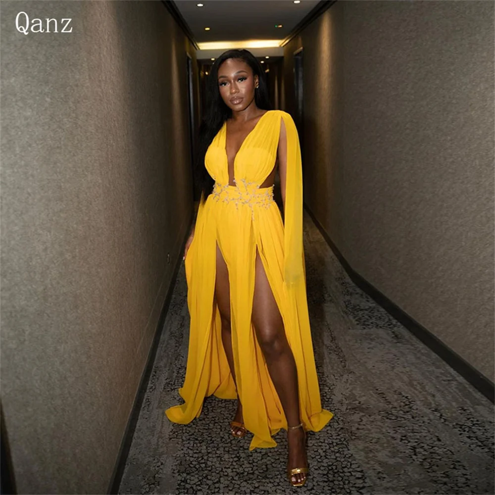 

Qanz Glod Chiffon Evening Dresses Long Cap Sleeves Sexy Slit Beaded Dresses for Women Long A Line Africa Vestidos De Fiesta