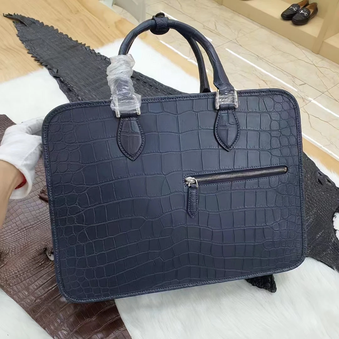 2023 new genuine crocodile leather skin briefcase men laptop bag luxury aligator leather skin men business bag matt Blue color