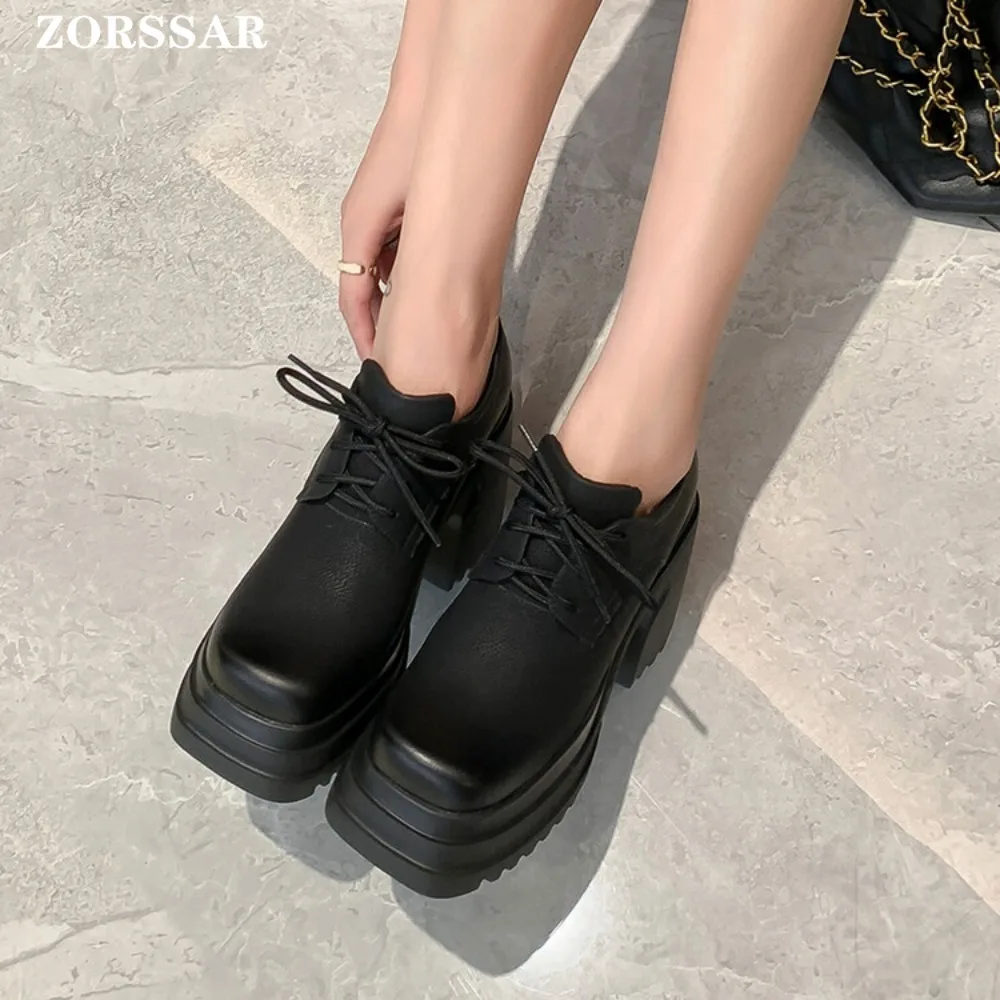 Genuine Leather Platform Loafers Women 2024 Preppy Style Lace Up Oxford Shoes Woman Black Thick Bottom High Heel Y2K Shoe Female