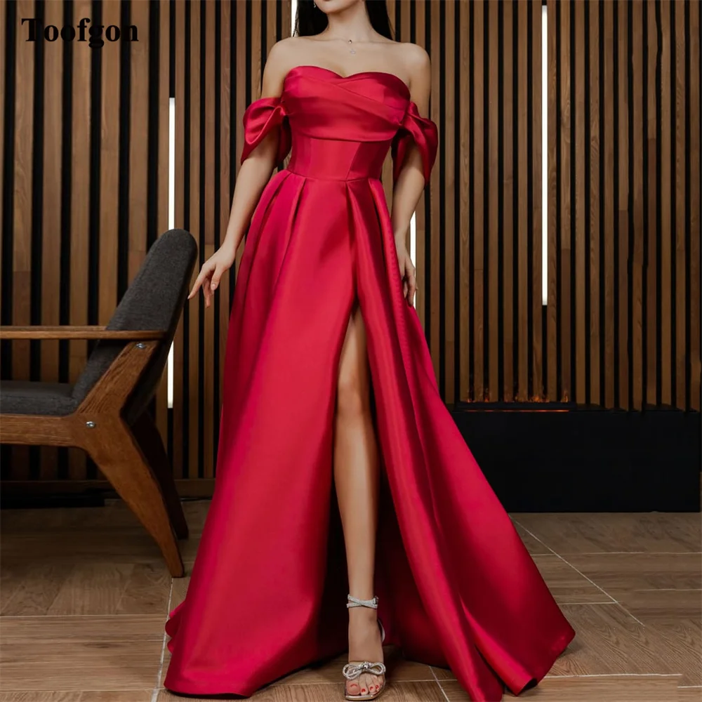 

Toofgon Red Satin Evening Dresses High Split Customized Women Formal Prom Gowns Off The Shoulder Special Birthday Party Dress