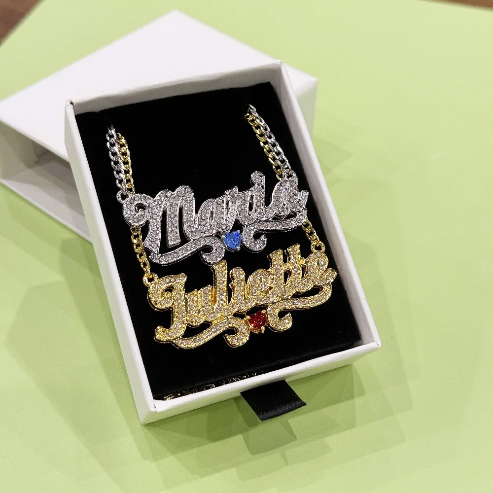 DUOYING Double Layer Zircon With Birthstone Nameplated Pendant Personalized Name Necklace