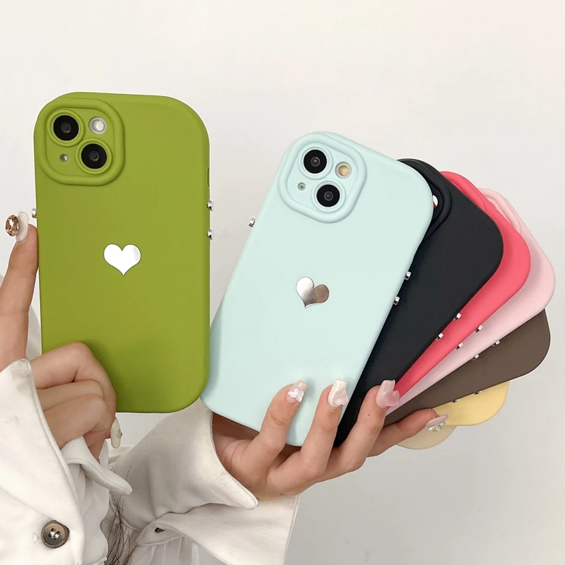 Candy Color Love Heart Metal Button Phone Case For iPhone 13 11 12 14 Pro Max 15 Pro Max X XR XS Max Soft TPU Back Cover Coque