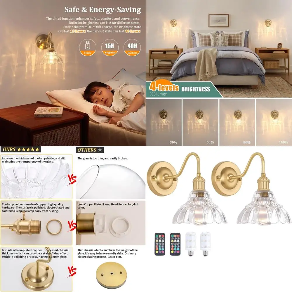 

Pair of Vintage-Style Rechargeable Wall Sconces with Clear Glass, Remote-Controlled Battery-Powered Lights for Home Decor