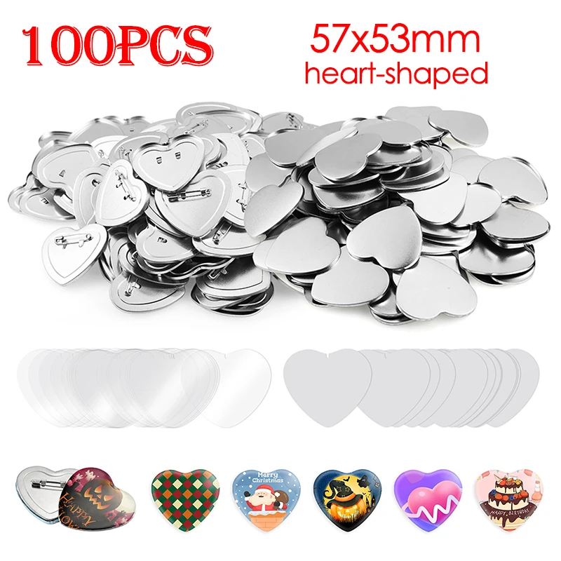

100PCS 57x53mm Heart-shaped Badge Button Making Parts Metal Blank Heart Badge Pins DIY Making Materials for Button Maker
