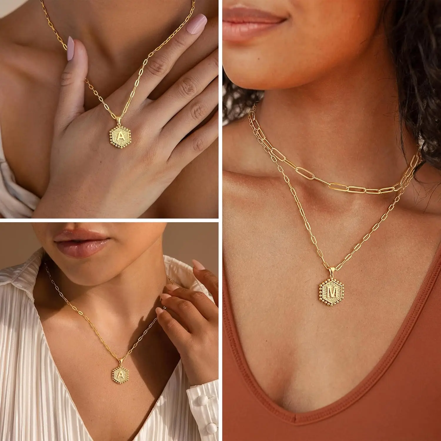 Dainty Gold Necklace for Women - 14K Solid Gold Over Layering Necklaces for Women Cute Hexagon Letter Initial Necklaces