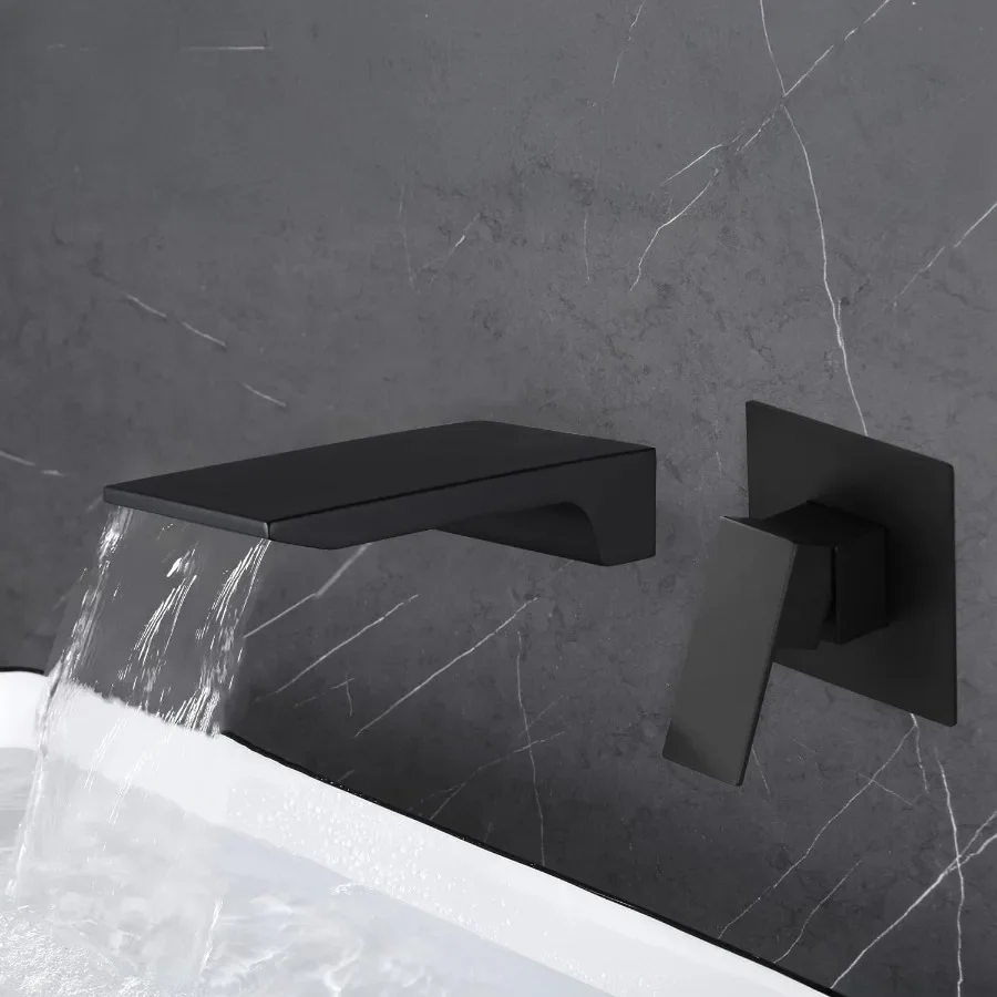 

Waterfall Wall Mount Bathroom Sink Faucet Wall Waterfall Basin Spout with Single Handle Valve Matte Black Vessel Brass Faucets