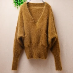 Female Women Fall Winter Clothing Hairy Mink Cashmere Knitted V-Neck Long batwing Sleeves Loose Pullover Angora Fur Sweater Pull