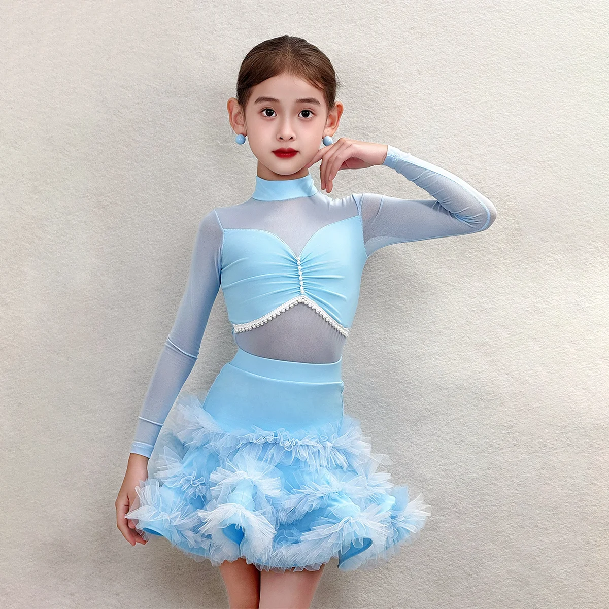 

Костюм для латинских танцев для девочек, одежда для соревнований, детское платье для танцев Румба Ча-ча, синие топы, пышные юбки, костюм DNV25755
