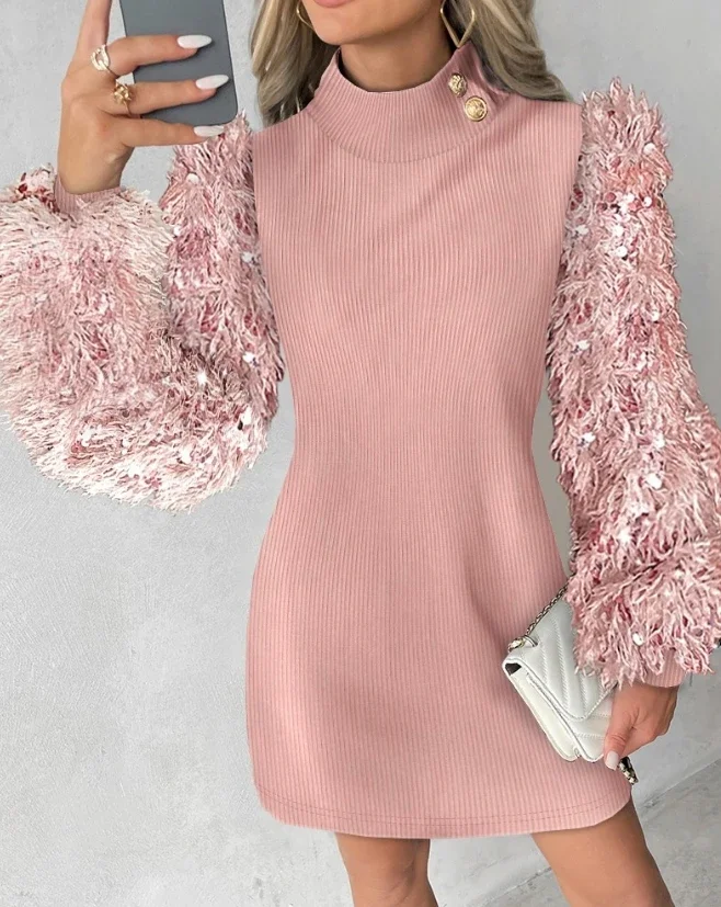 

Woman Sweet Fuzzy Contrast Sequin Patchwork Casual Dress Temperament Commuting New Women's Lantern Sleeve A Line Fashion Dresses