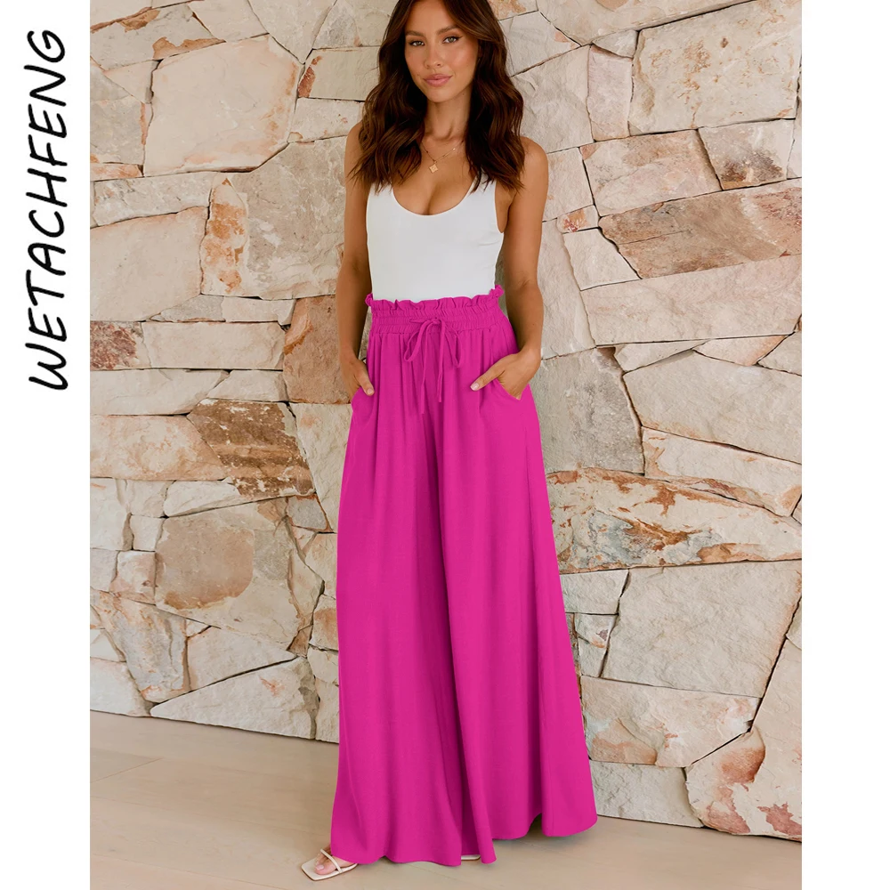 

Lace up Wide Leg Pants Summer Women Casual Pink High Waist Ruffles Drop Feeling Cool Elegant Trousers Sports Homewear Clothes