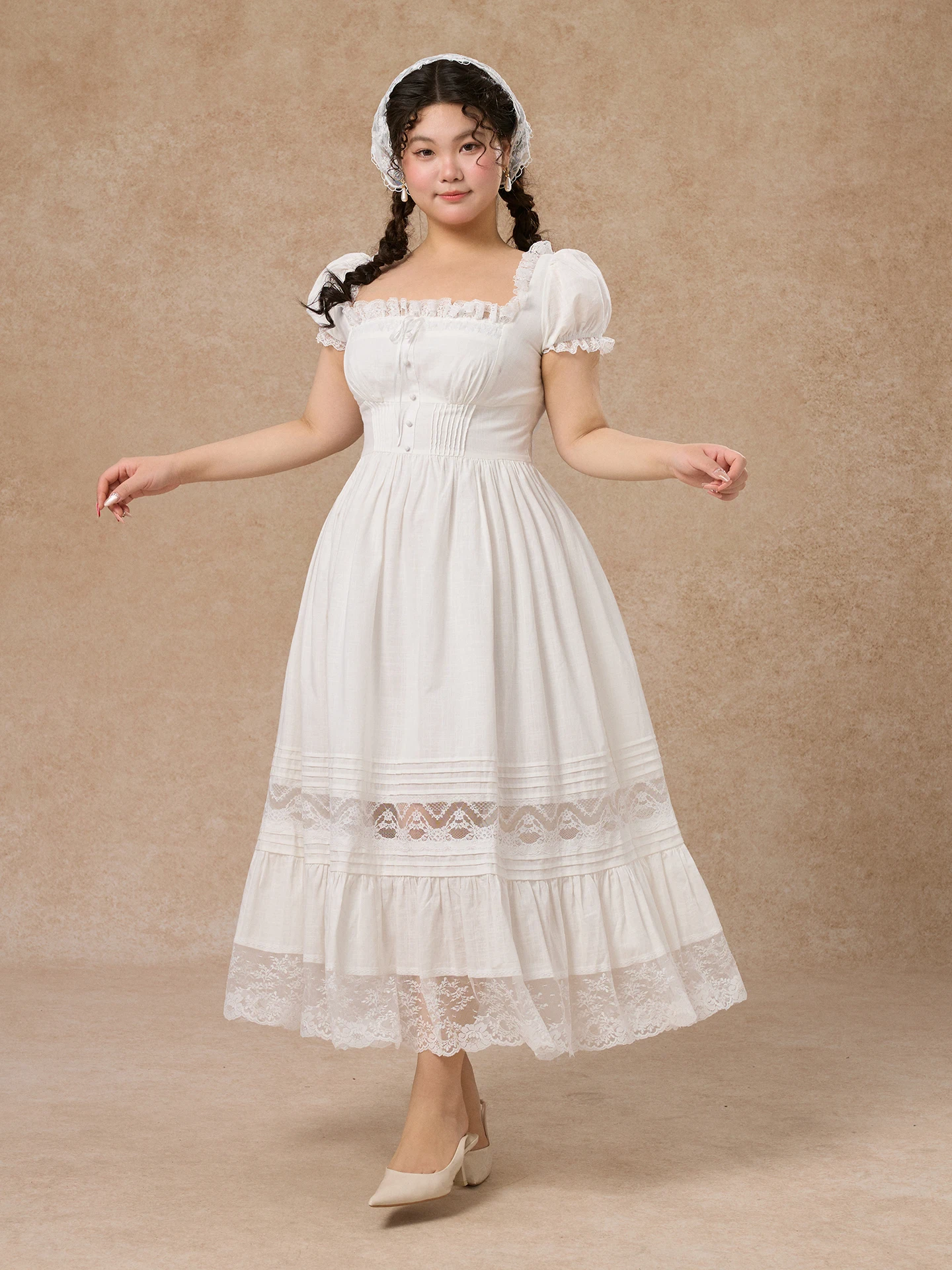 

plus Size Lace Cotton Dress Pure White Princess Skirt Back Zipper A-Line Dress Artistic Style Bubble Sleeve Midi Dress