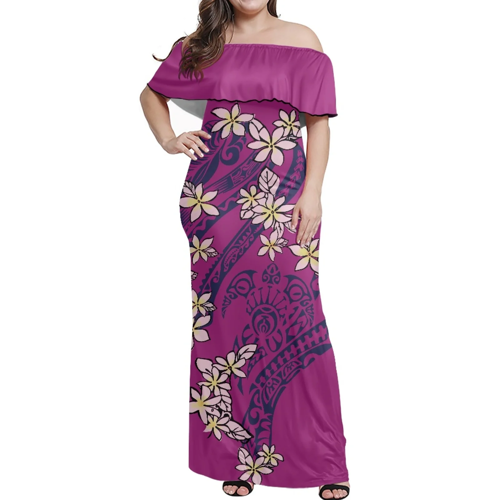 

Sexy Woman One-Shoulder Dress Polynesian Samoa Pattern Design Elegant Comfortable Lady Ruffled Wrap hip Dress Festival 7XL