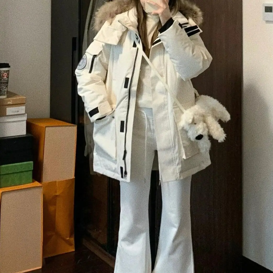 

American Sle Hooded down Cotton Jaet Women's Winter New Loose Matching Workwear Coat Thiened Long Sve Zipper Closure