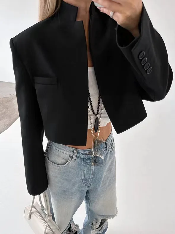 

Faionable ort Suit Jaet Small Stand Collar Advanced Sensation Commute Sle Loose Fit Long Sve Pure Color Women's Coat