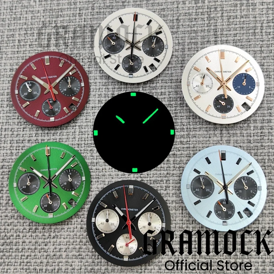 Gramock 30mm Ice Blue/Burgundy Red/Black/White/Coral Green Chronograph VK63 Dive Dial And VK63 6-pin Hand Lume Fit VK63 Movement