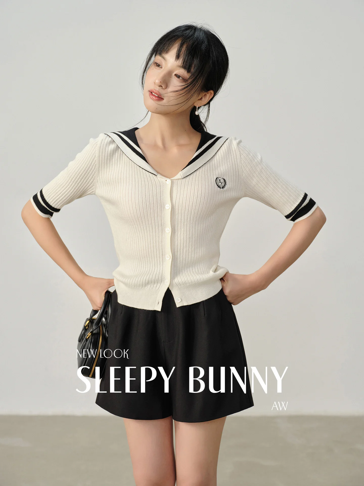 

Elegant Slim Sailor Collar Cardigan Summer Knit Short Sleeve Top Fitted Button Up Shirt Youthful Outfit for Women Fashion Style