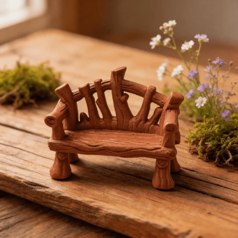 Mini Twig Bench Miniature Figurine, Resin Rustic Tree Branch Park Chair Ornament, Fairy Garden Micro Landscape Accessories
