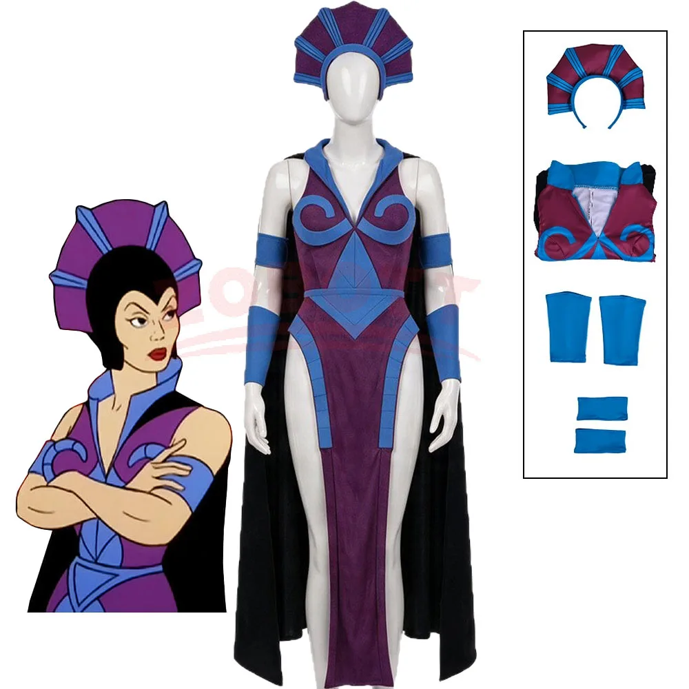 Disfraz de Evil Lyn: capa larga negra, mono azul y morado, diadema, accesorios, atuendo medieval, uniforme para fiestas de Halloween, para mujer.