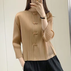 Miyake Pleated Top Women's Jacket Autumn Retro Chinese Style High-end Long Sleeved Shirt Chinese Style Button Up Temperament Top