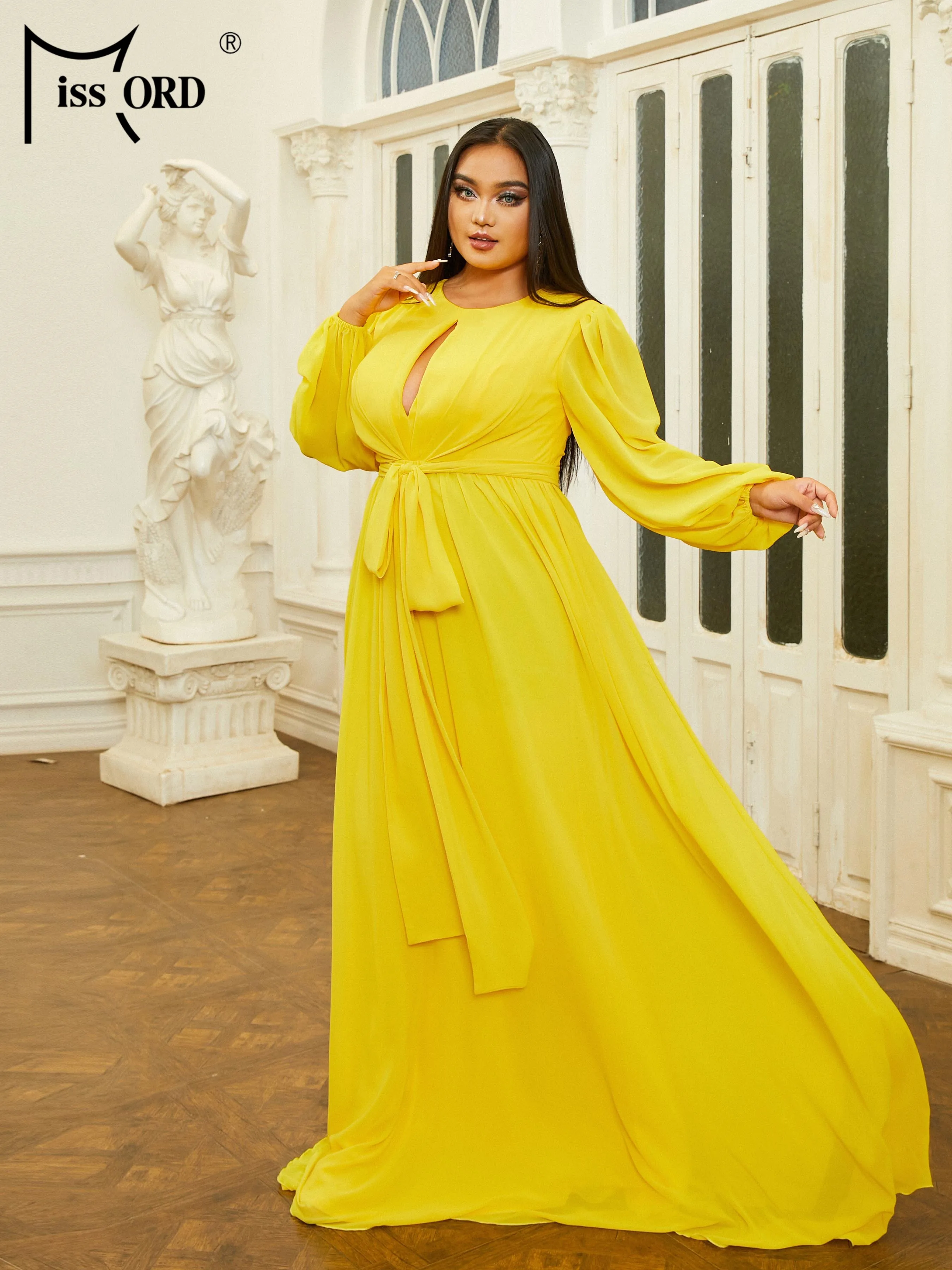 Missord New Plus Size Yellow Cutout Round Neck Long Sleeve A-line Evening Prom Party Formal Occasion Dresses