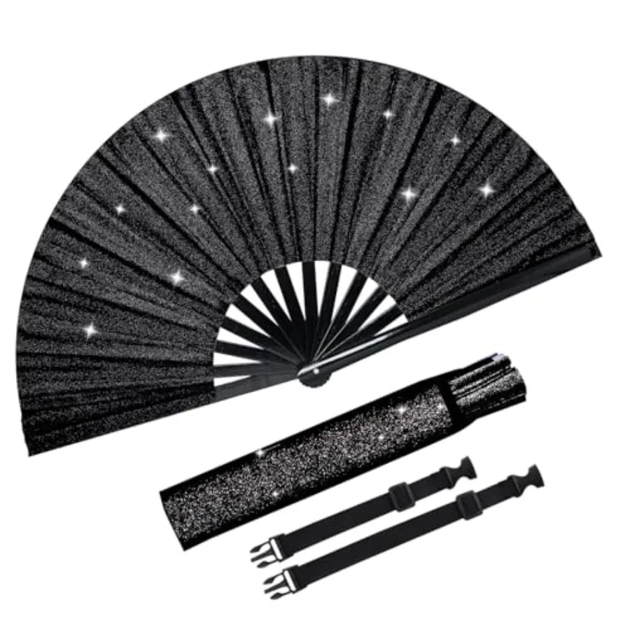 

Glitter Large Rave Fan Rave Hand Fan for Men Women Rave Accessories for Women with Leg Strap and Fabric Case Bag for Music Fest