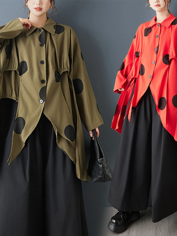 Faionable Asymmetric Loose Casual Women's irt Spring Autumn Irregular Print ular Design  Collar Long Sve Top