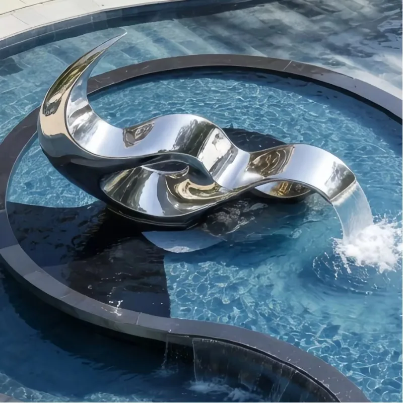 Continuous Curved Hollow Loop Mirror Polished Metal Water Feature Sculpture Outdoor Pool Hotel Courtyard Large Landscape
