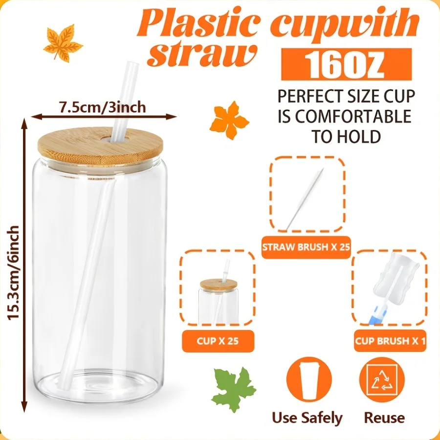 25pcs 16oz Single-Layer Bamboo Lid Cups | Transparent Polycarbonate, Easy to Clean & Reusable, Holds Coffee, Tea, Drinks