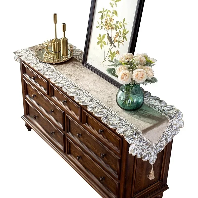 Embroidered Lace Tablecloth Table Cover Sideboard Placemat Table Runner Coffee Golden Velvet American Elegant Wedding Table Flag